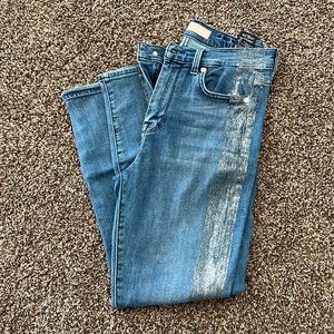 7 for all mankind b(air) high waist, size 27, metallic silver painted pinstripe